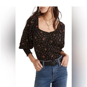 Madewell “Kirstie” Black Floral Sweetheart Blouse - Size 8